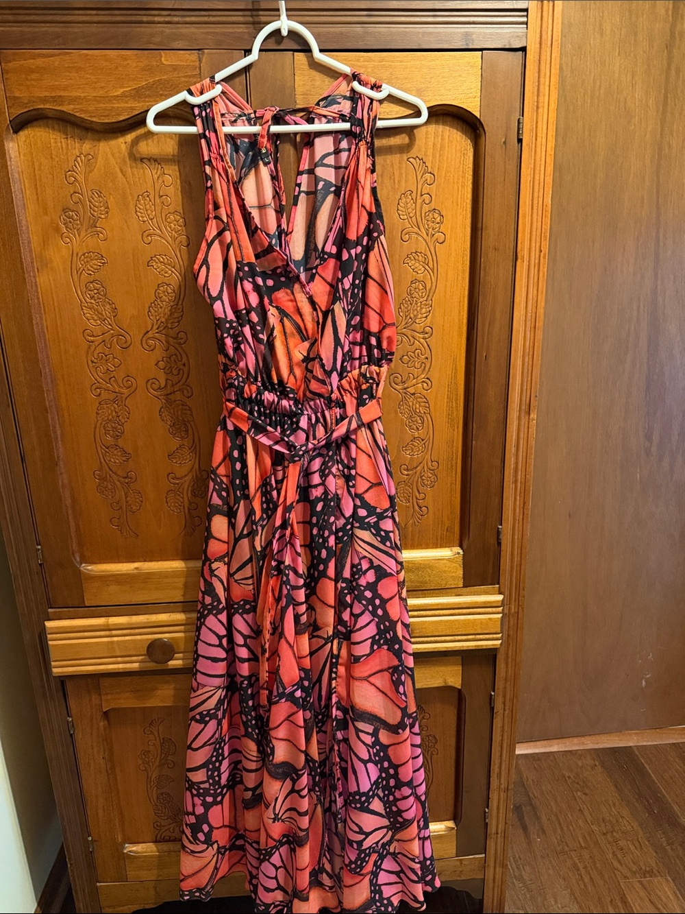 Sleeveless Pink & Orange Printed Maxi Dress with Black Butterfly  Accents